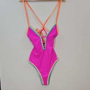 NWT Popvil Hot Pink One Piece Swimsuit Orange Turquoise Trim Crisscross Size S